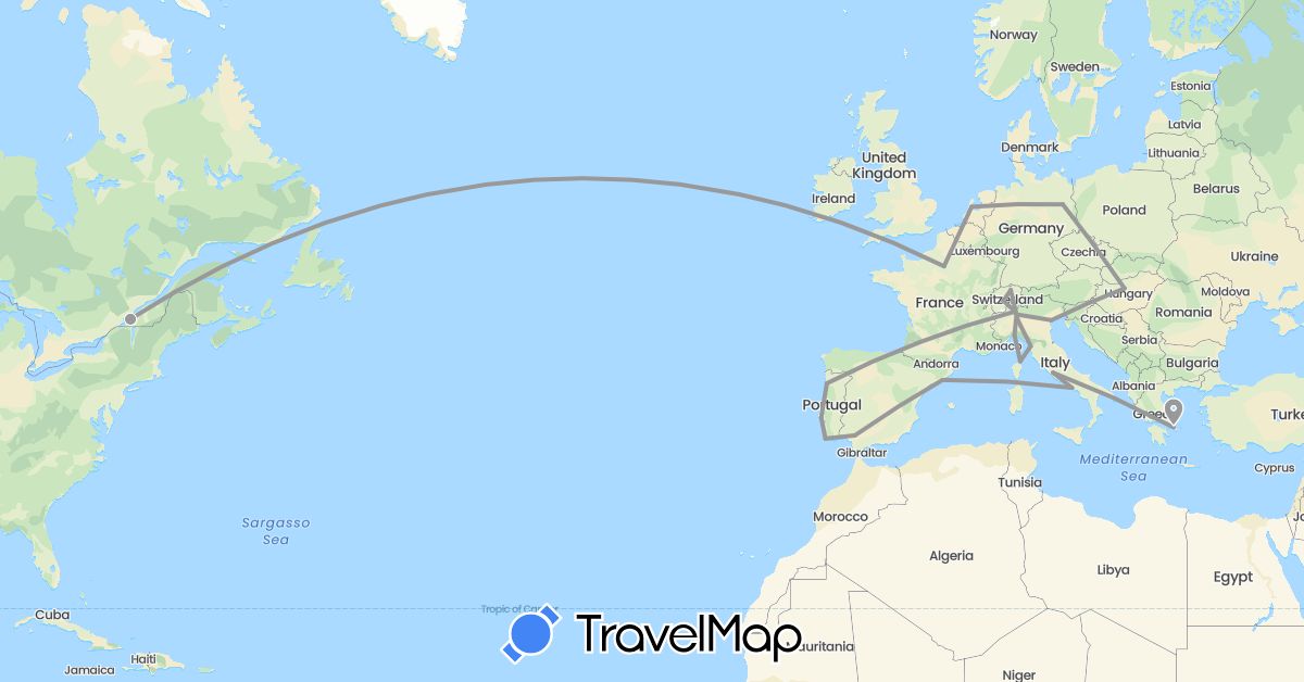 TravelMap itinerary: plane in Canada, Switzerland, Germany, Spain, France, Greece, Hungary, Italy, Netherlands, Portugal (Europe, North America)