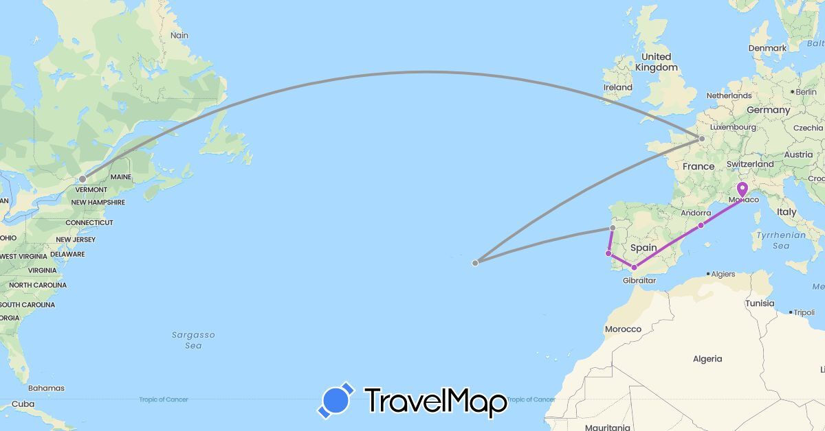 TravelMap itinerary: driving, plane, train in Canada, Spain, France, Portugal (Europe, North America)